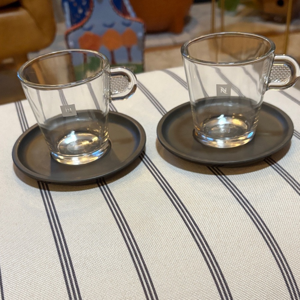 Nespresso Clear Glass Espresso Cups with Black Saucers (Pair)